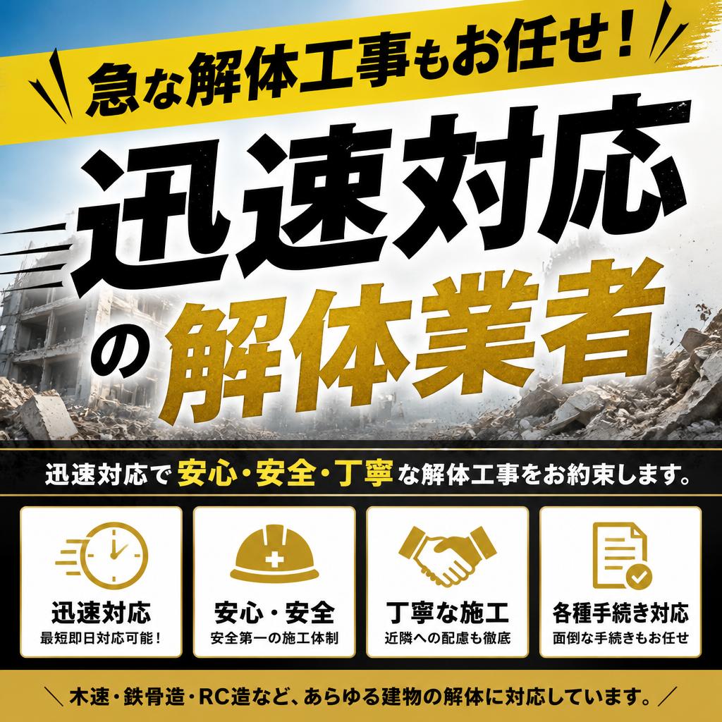 急な解体工事もお任せ！迅速対応の解体業者